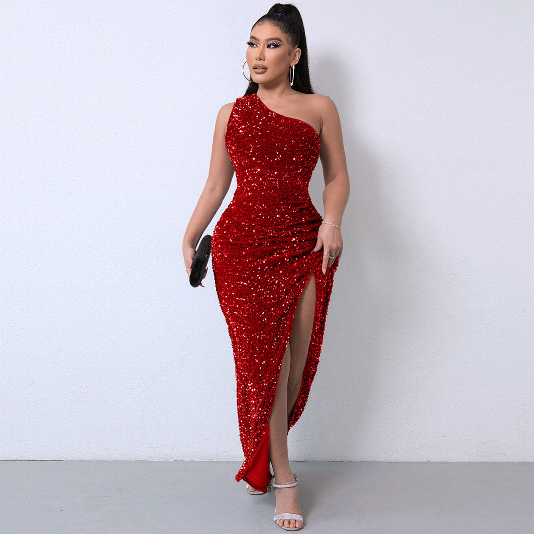 Burgundy One Shoulder Sequin Ruched High Slit Bodycon Maxi Gown