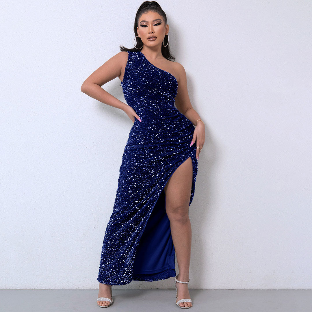 Royal Blue One Shoulder Sequin Ruched High Slit Maxi Gown