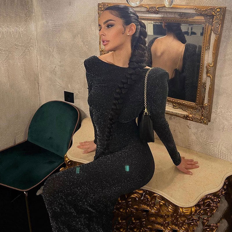 Black Crew Neck Shoulder Pad Shimmer Long Sleeve Bodycon Midi Dress