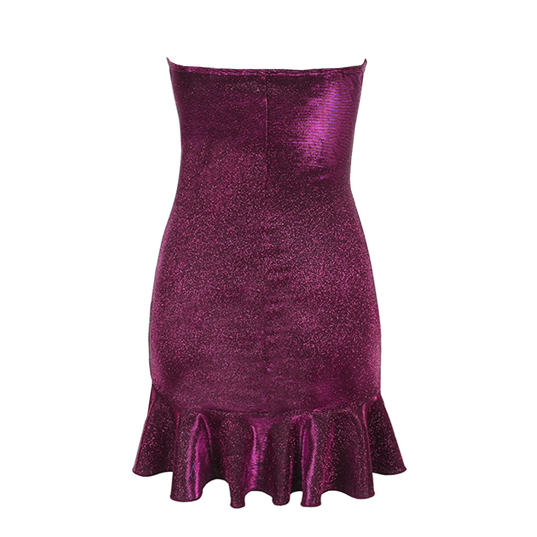 Purple Strapless Sweetheart Neck Glitter Ruched Ruffle Hem Bodycon Mini Dress