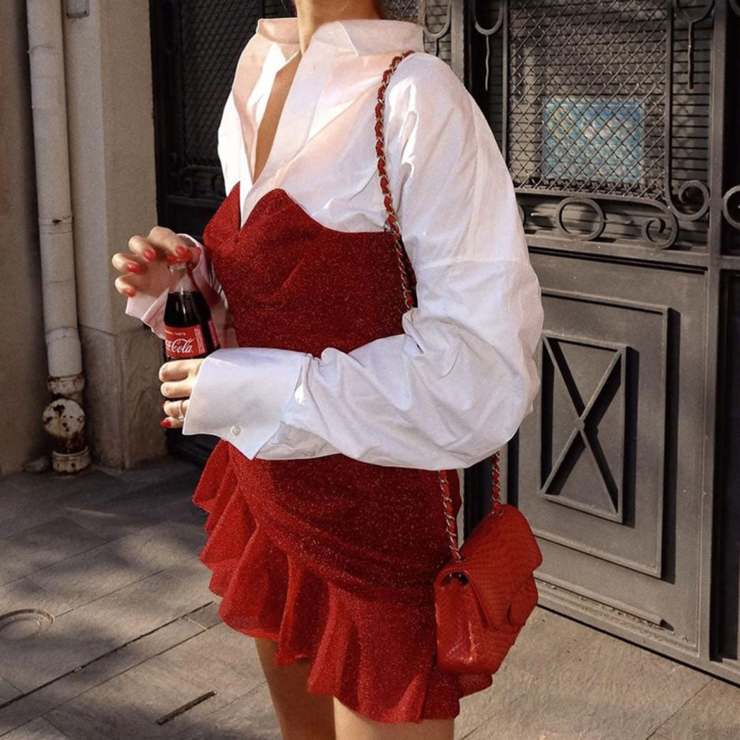 Red Strapless Sweetheart Shimmer Ruched Ruffle Hem Bodycon Mini Dress