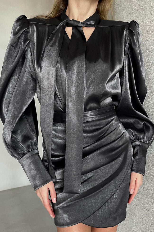 Black Tie Neck Bow Puff Sleeve Satin Ruched Wrap Mini Dress