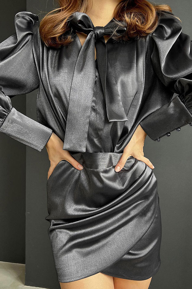 Black Tie Neck Bow Puff Sleeve Satin Ruched Wrap Mini Dress