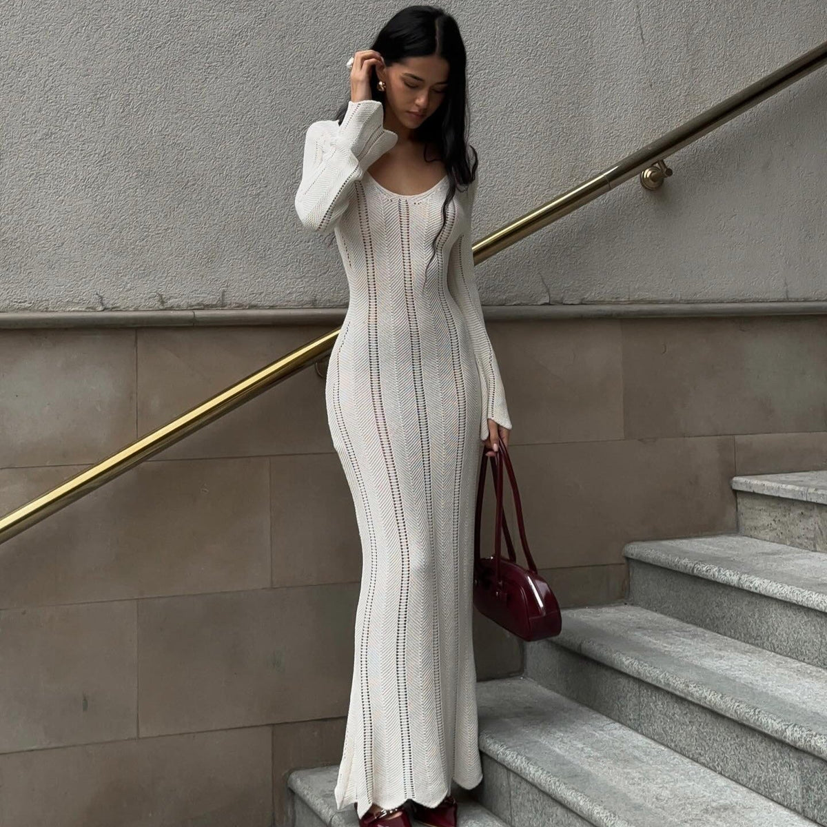 Scoop Neck Pointelle Knit Flared Sleeve Bodycon Maxi Dress