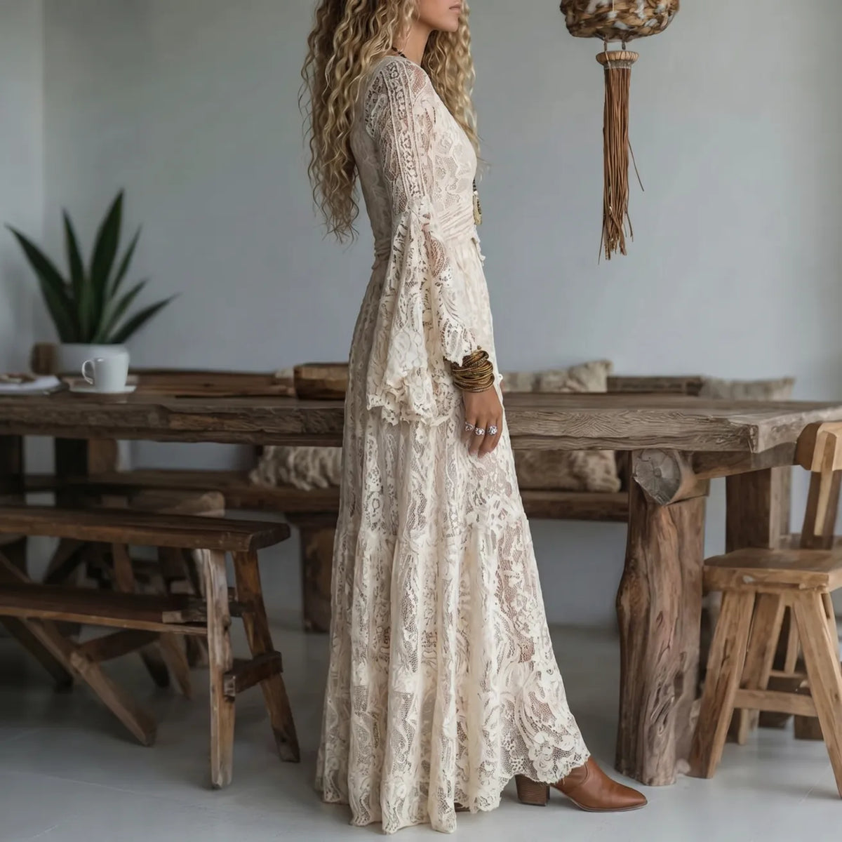 Deep V-Neck Bell Sleeve Sheer Lace Boho Maxi Dress 2