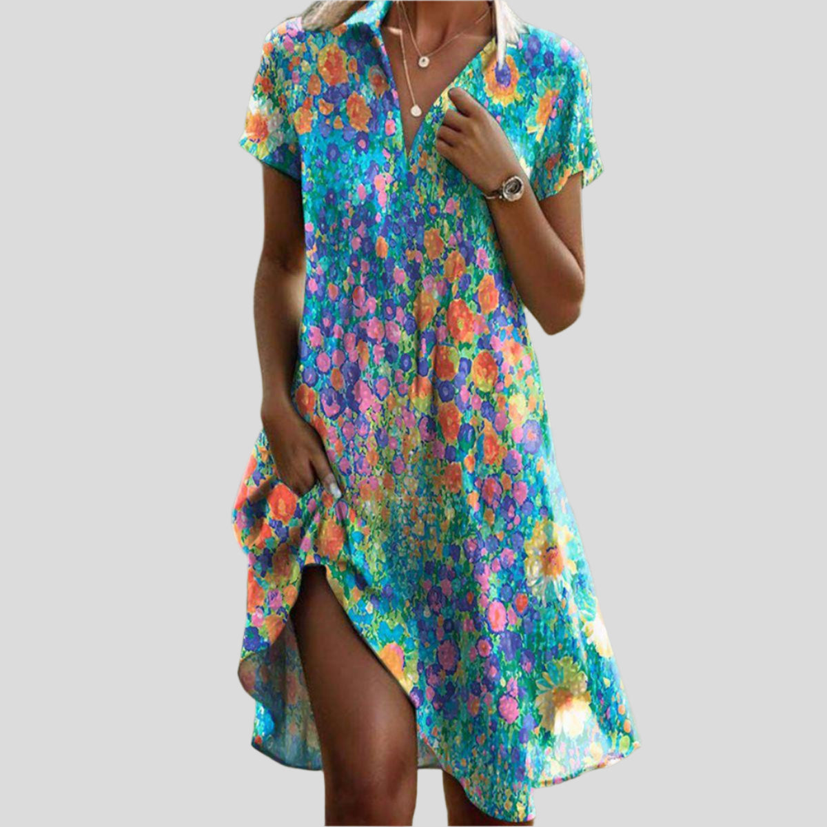 Collared V-Neck Floral Short Sleeve Shift Midi Dress