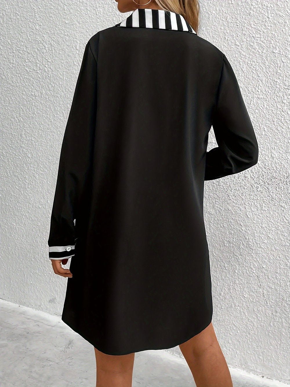 Black Deep V-Neck Striped Collar Long Sleeve Shift Mini Dress 2
