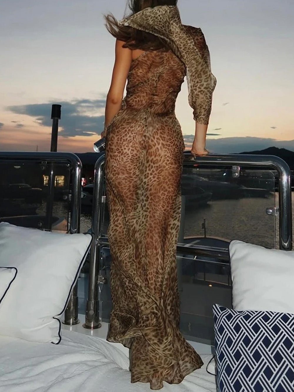 Brown Mesh One Shoulder Bodycon Maxi Dress 2
