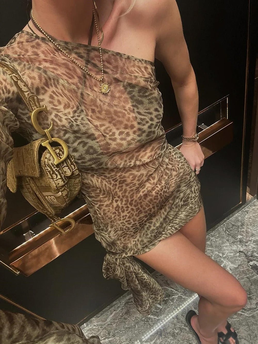 Brown Mesh One Shoulder Bodycon Maxi Dress 3