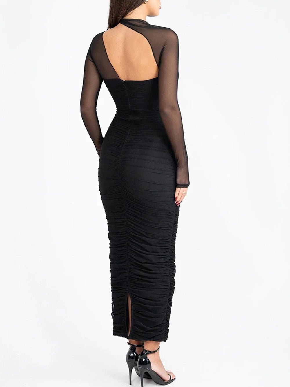 Black Mesh Mock Neck Asymmetric Cut Out Long Sleeve Ruched Maxi Dress 2