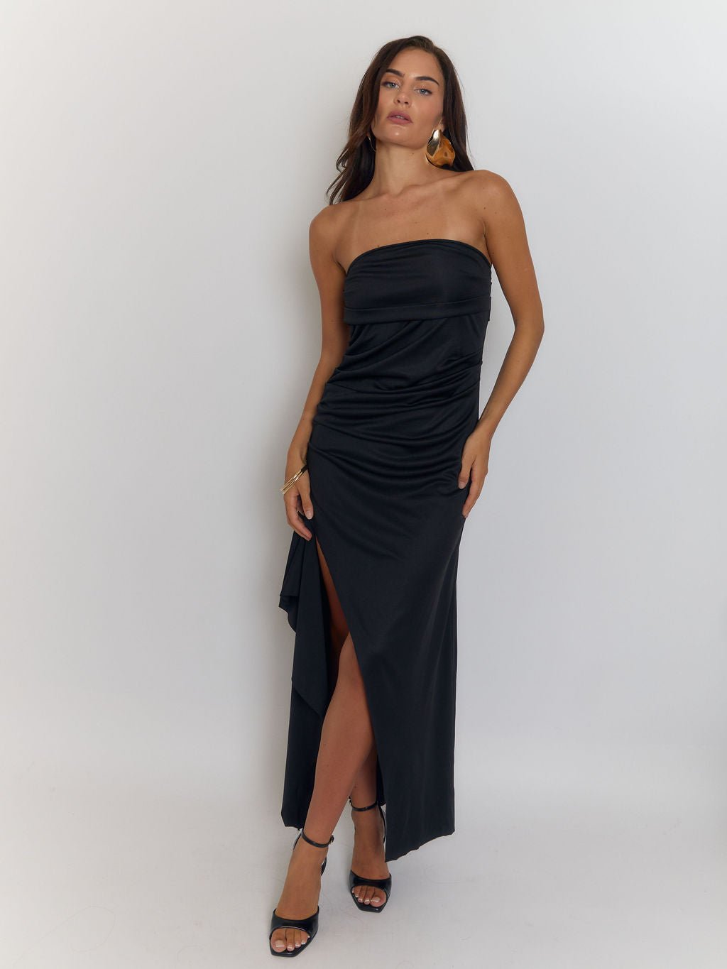 Black Strapless Ruched Back Detail Column Bodycon Maxi Gown 3