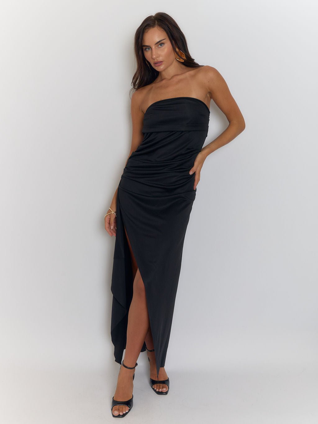 Black Strapless Ruched Back Detail Column Bodycon Maxi Gown 5