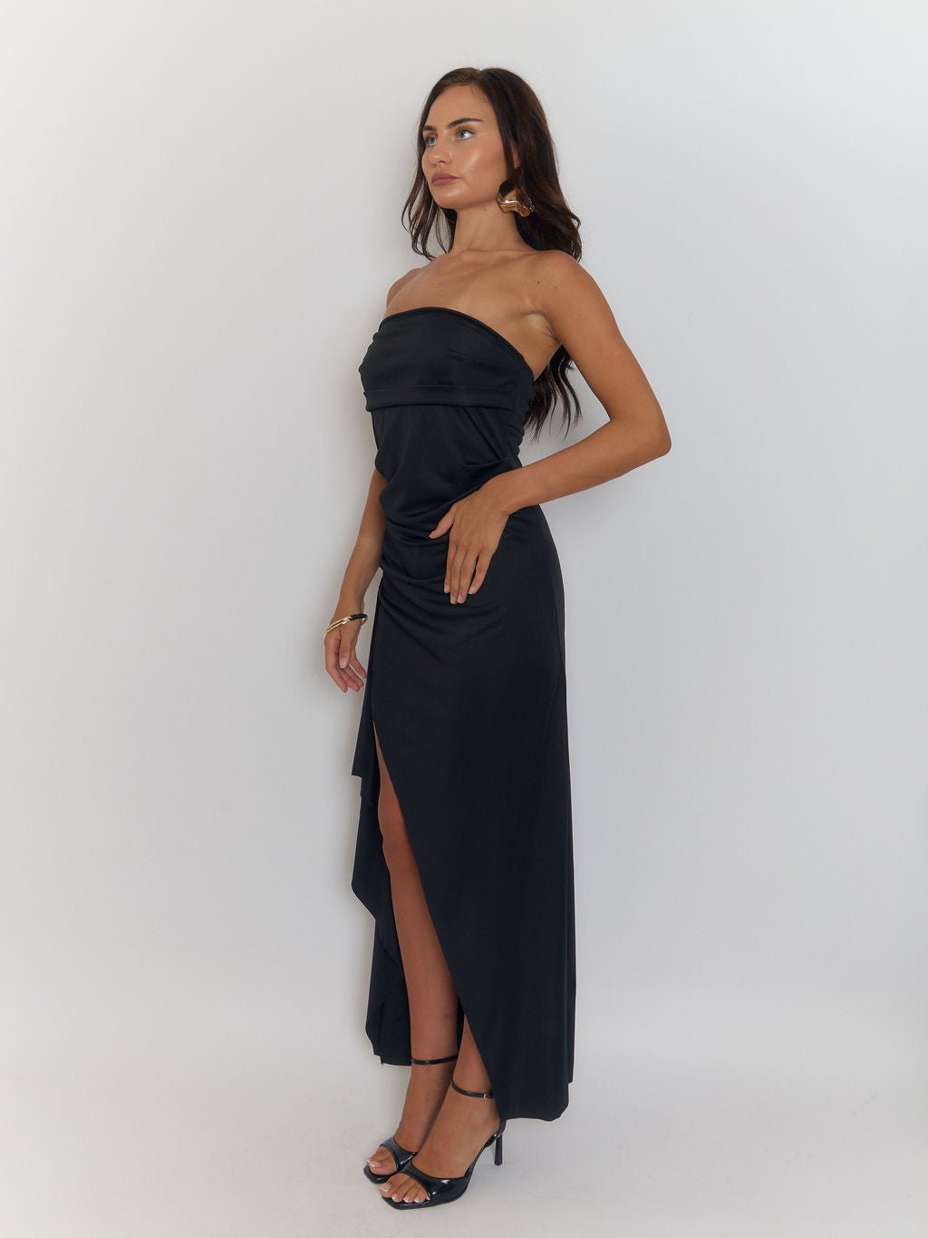 Black Strapless Ruched Back Detail Column Bodycon Maxi Gown 4