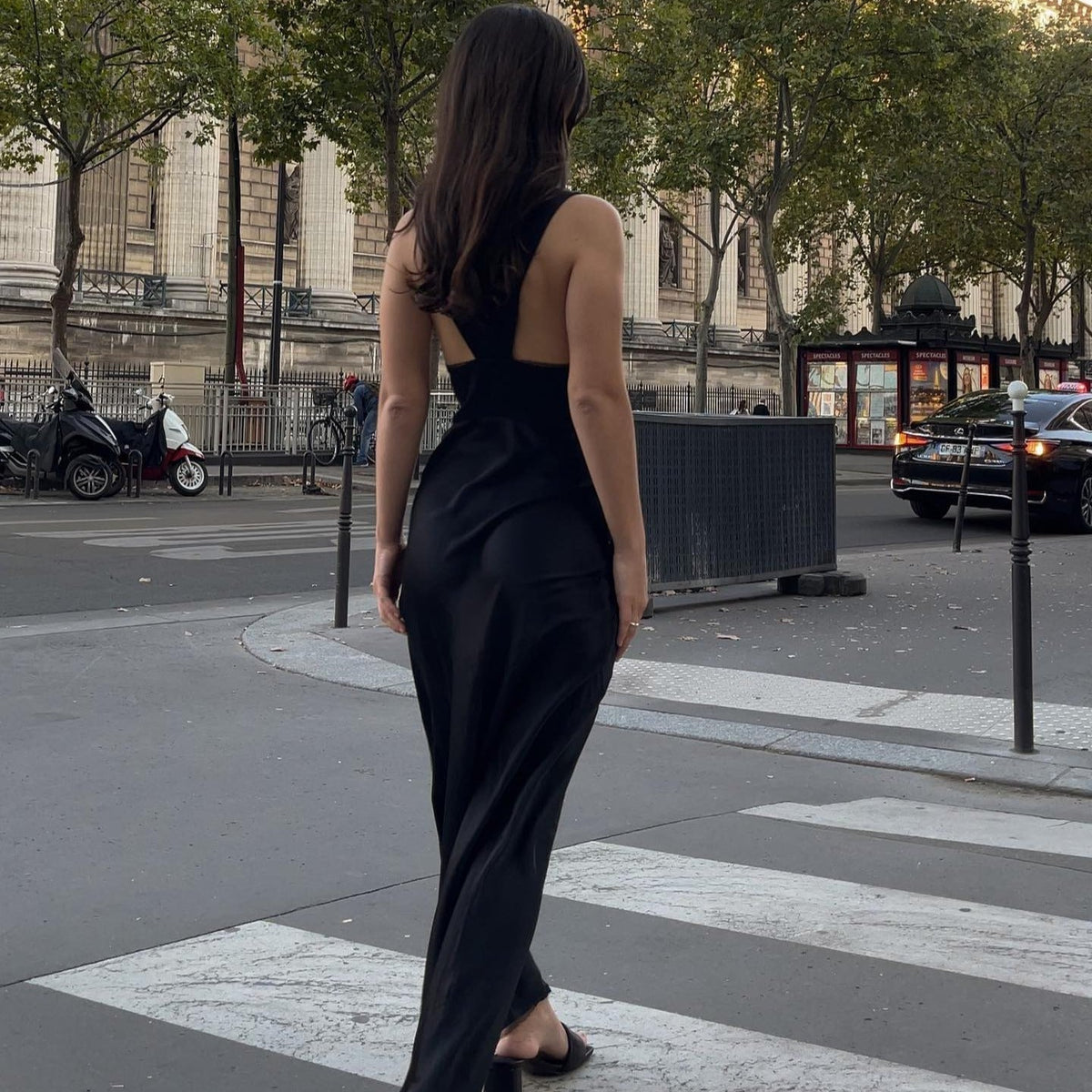 Black V-Neck Lace Satin Cutout Slip Maxi Dress