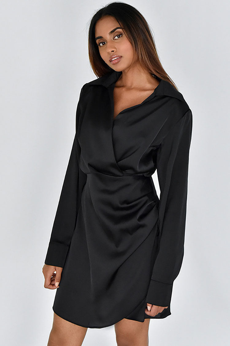 Black Collared V-Neck Long Sleeve Satin Ruched Wrap Mini Dress