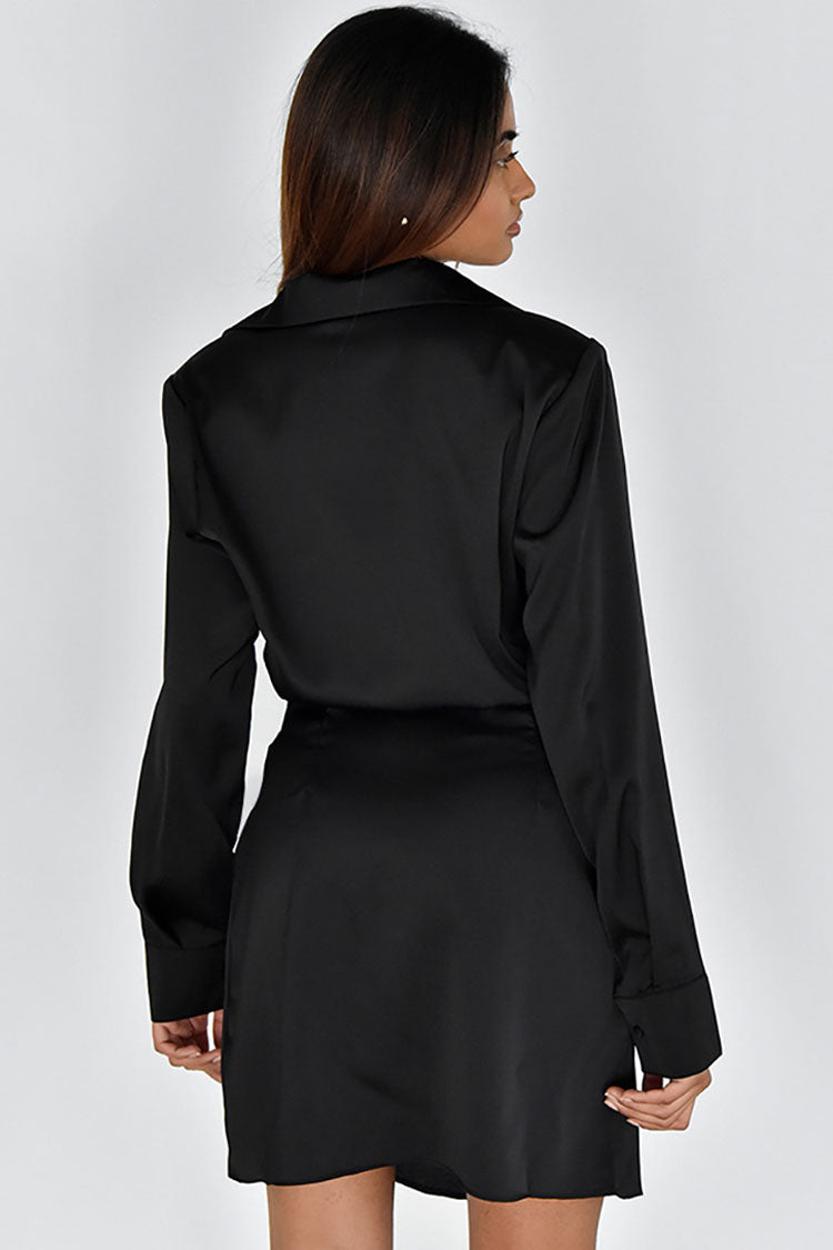 Black Collared V-Neck Long Sleeve Satin Ruched Wrap Mini Dress