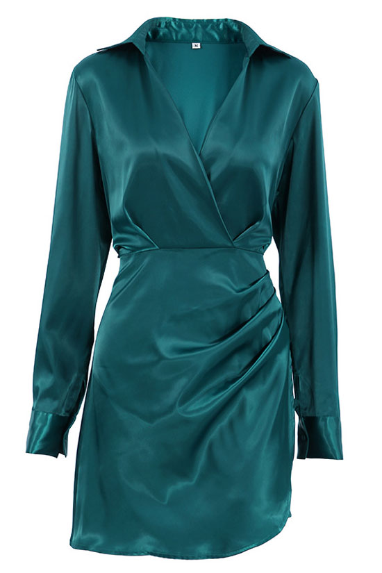 Emerald Green Collared V-Neck Long Sleeve Satin Ruched Wrap Mini Dress 3