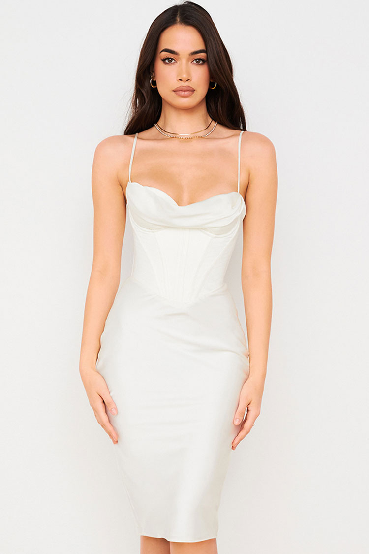 White Spaghetti Strap Cowl Neck Satin Corset Bodycon Midi Dress