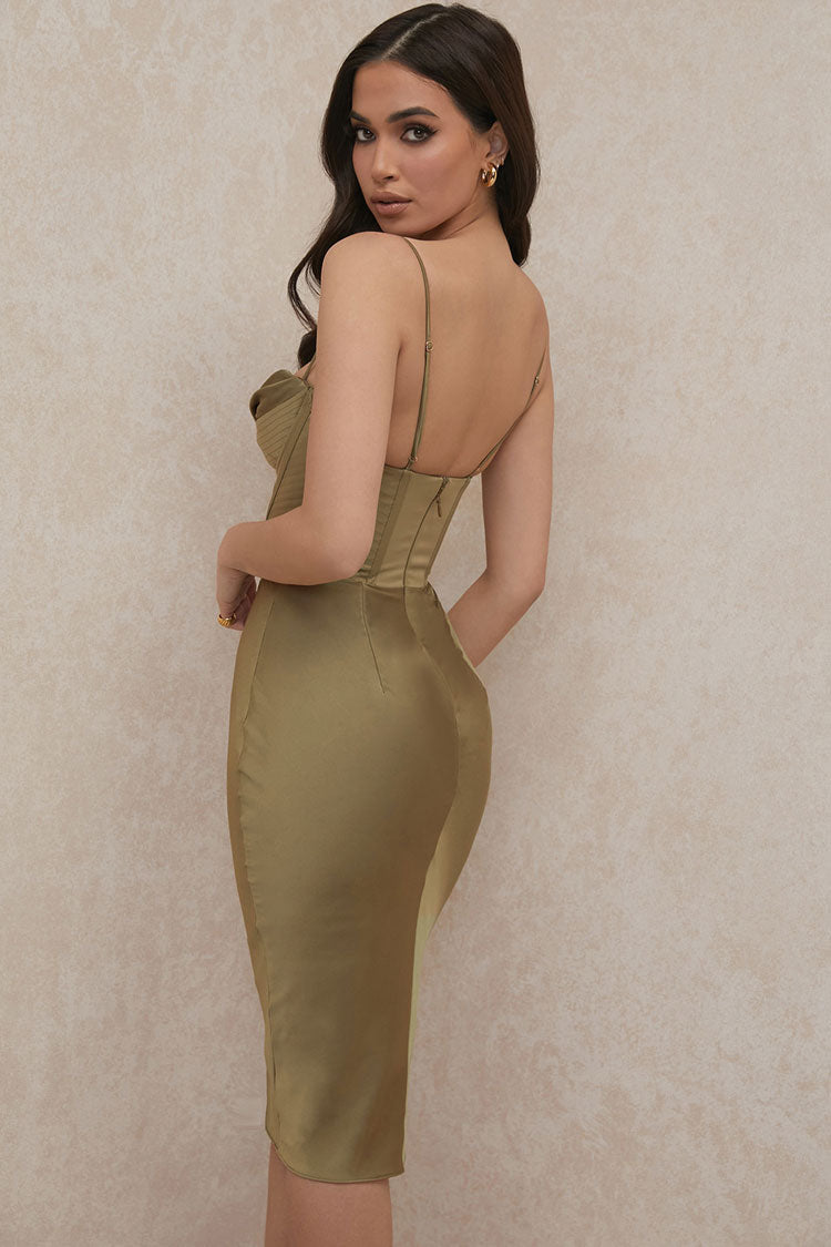Green Cowl Neck Spaghetti Strap Satin Corset Bodycon Midi Dress