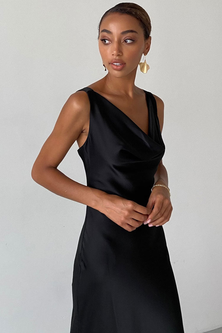 Black Cowl Neck Sleeveless Satin Bias Cut Fishtail Maxi Gown