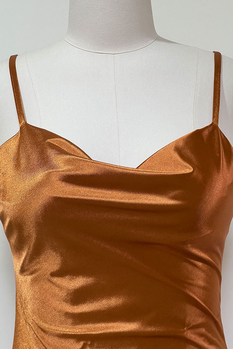 Rust Cowl Neck Spaghetti Strap Satin Ruched Side Slit Slip Midi Dress