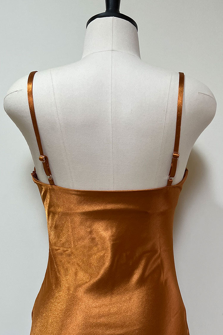 Rust Cowl Neck Spaghetti Strap Satin Ruched Side Slit Slip Midi Dress