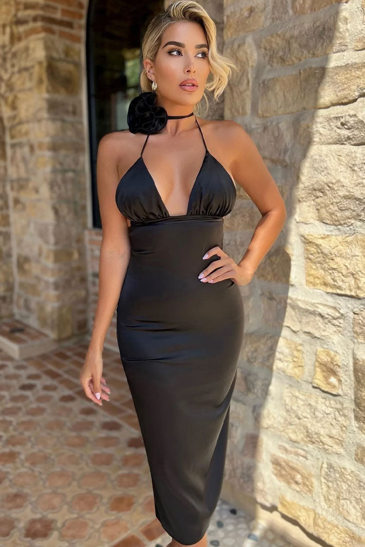 Black Halter Plunge 3D Flower Satin Backless Bodycon Midi Dress