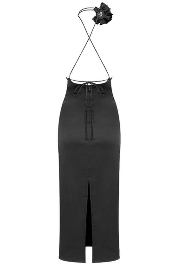 Black Halter Plunge 3D Flower Satin Backless Bodycon Midi Dress
