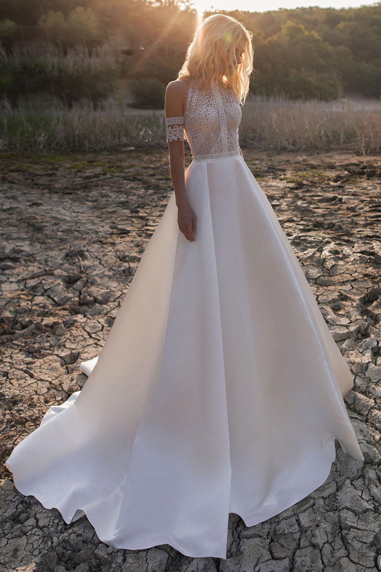 White Halter Neck Lace Bodice Satin A-Line Maxi Dress