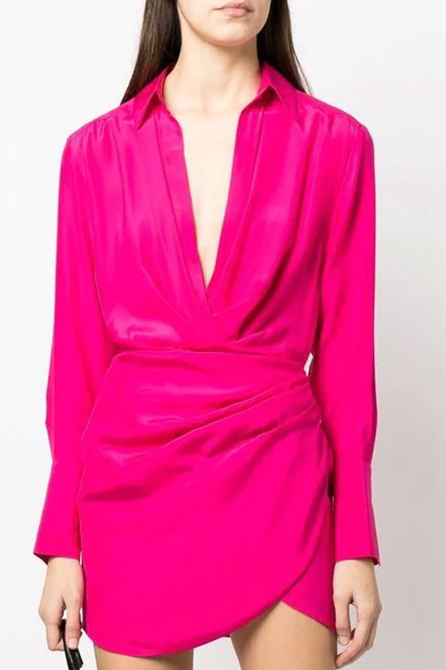 Hot Pink Collared V-Neck Long Sleeve Draped Satin Wrap Shirt Mini Dress