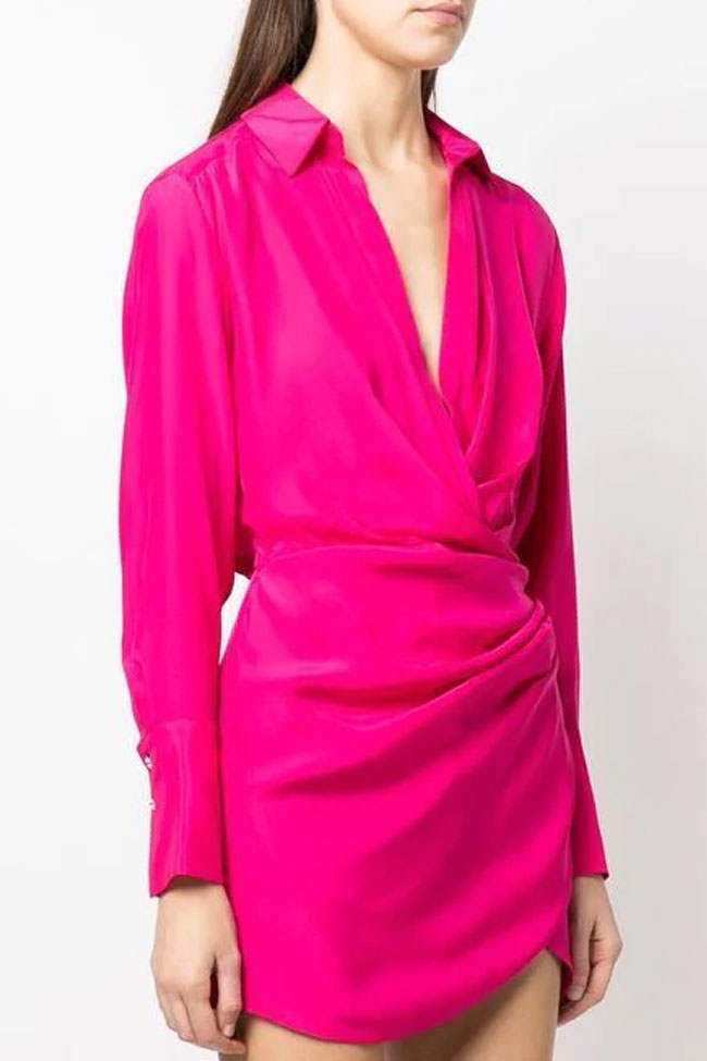 Hot Pink Collared V-Neck Long Sleeve Draped Satin Wrap Shirt Mini Dress