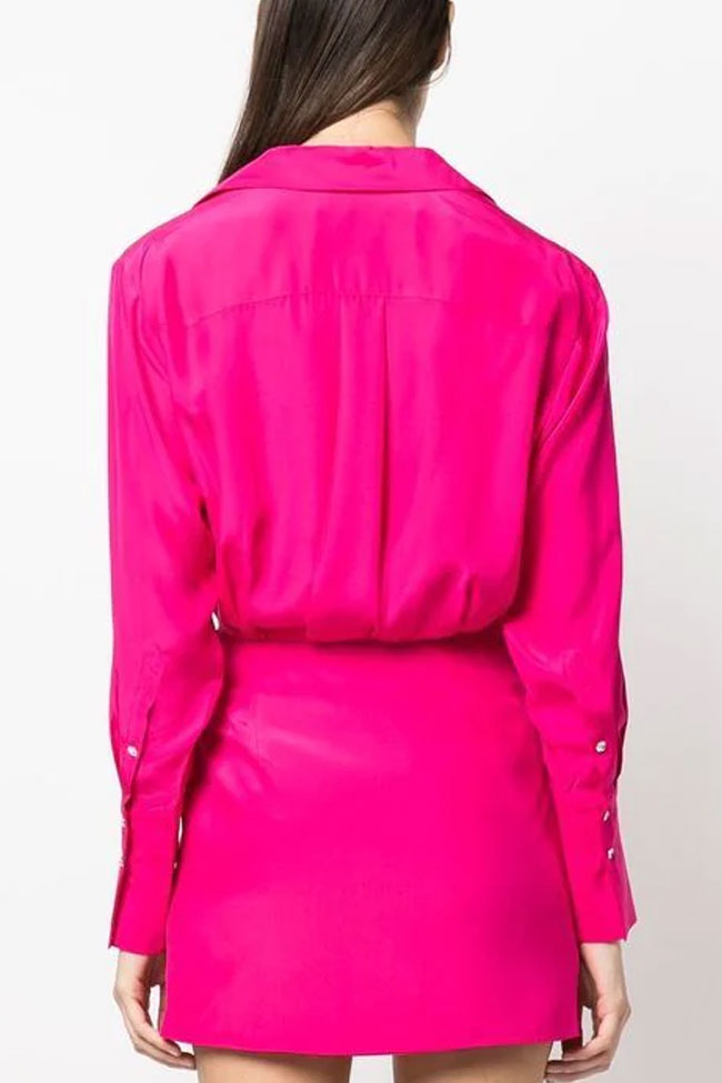 Hot Pink Collared V-Neck Long Sleeve Draped Satin Wrap Shirt Mini Dress