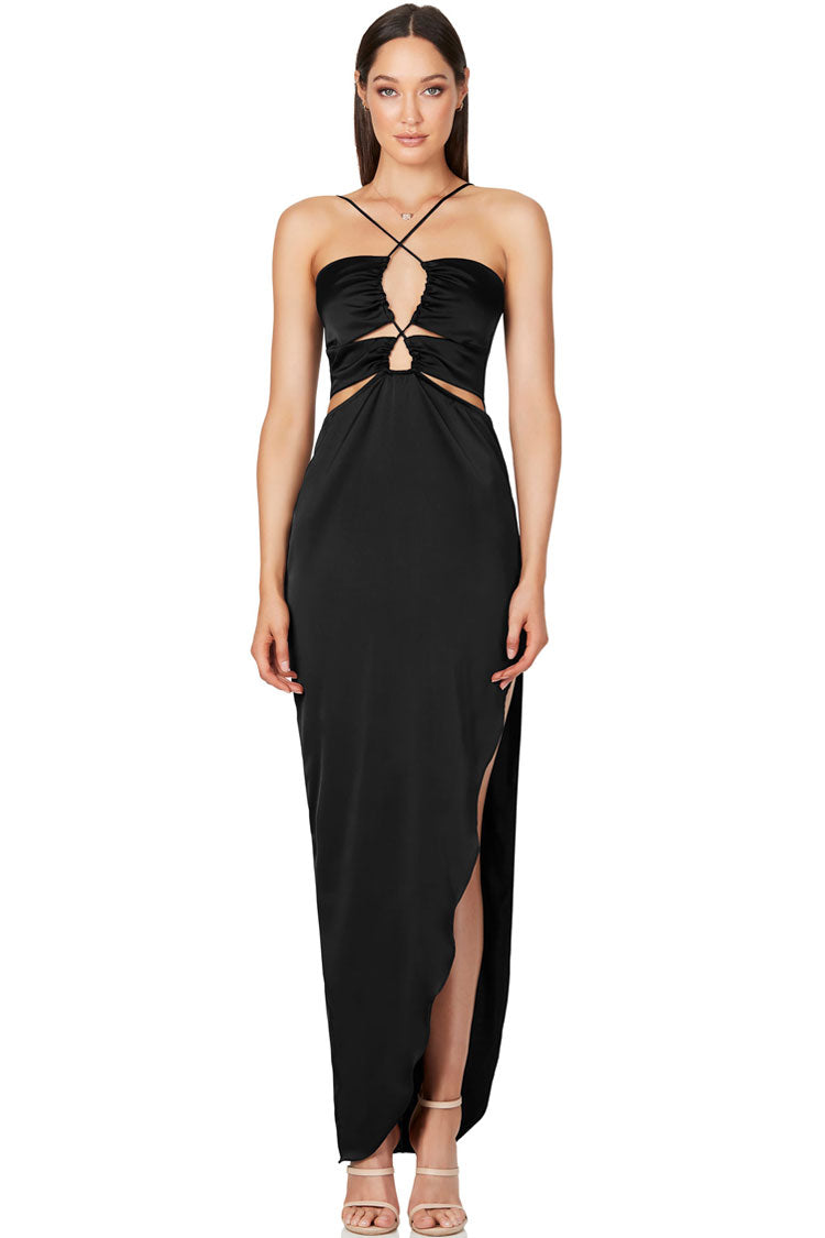 Black Cross Strap Satin Ruched Cutout High Slit Maxi Dress