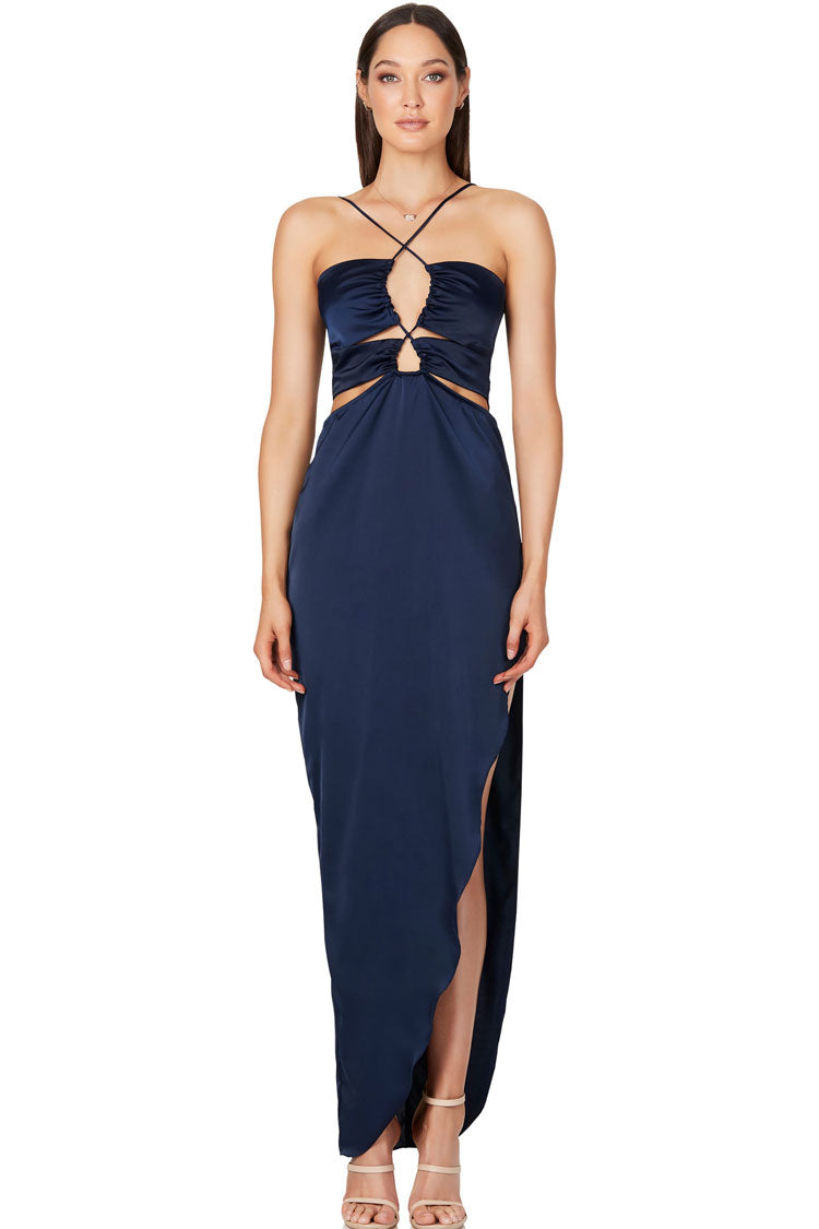 Navy Blue Strappy Keyhole Cutout Satin High Slit Maxi Dress