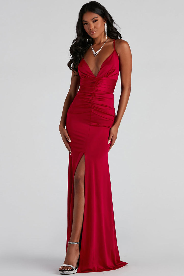 Red Spaghetti Strap Deep V-Neck Ruched Satin Front Slit Mermaid Maxi Dress