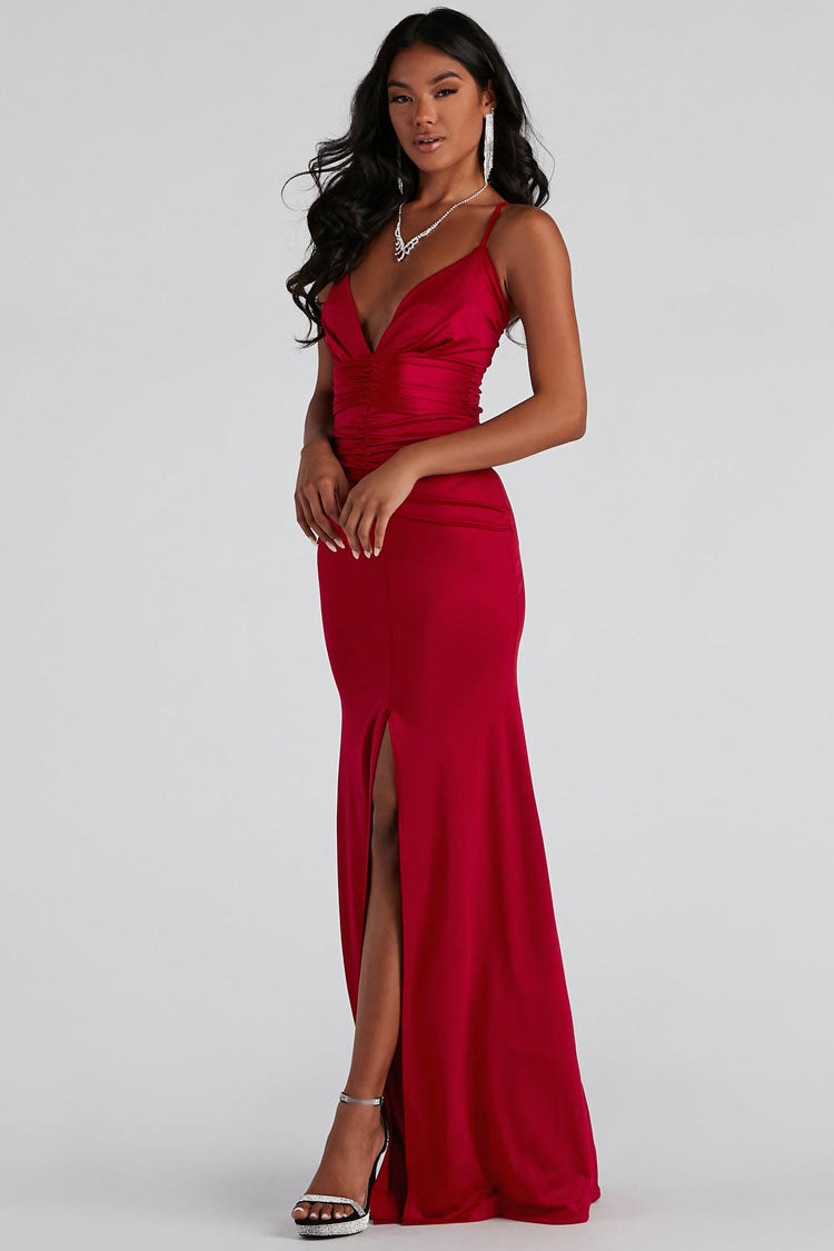 Red Spaghetti Strap Deep V-Neck Ruched Satin Front Slit Mermaid Maxi Dress