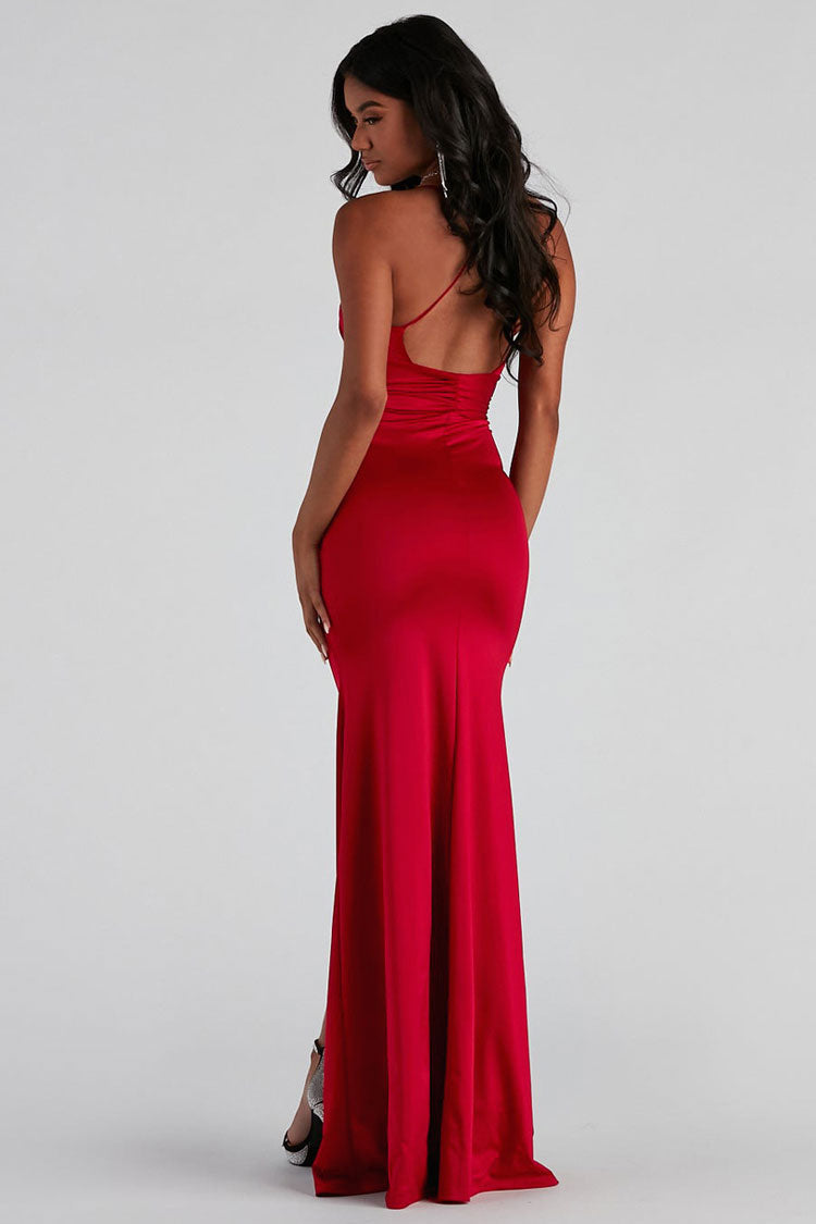 Red Spaghetti Strap Deep V-Neck Ruched Satin Front Slit Mermaid Maxi Dress