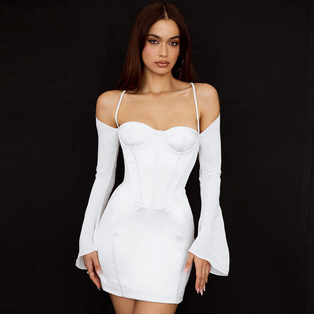 White Off-Shoulder Sweetheart Neck Corset Flared Sleeve Bodycon Mini Dress