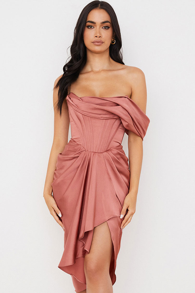 Dusty Pink Off-Shoulder Satin Corset Draped Ruched High Slit Bodycon Midi Dress