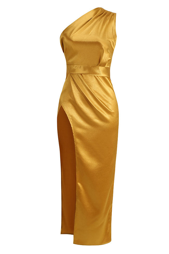 Gold One Shoulder Satin Ruched High Slit Bodycon Midi Dress