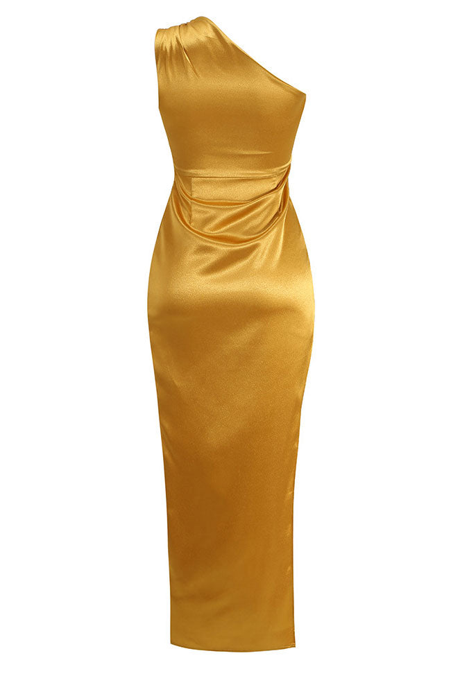 Gold One Shoulder Satin Ruched High Slit Bodycon Midi Dress