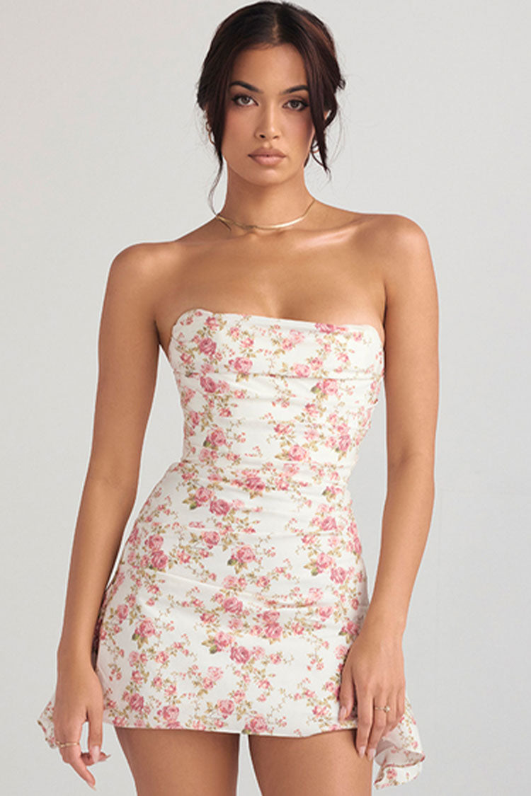 Floral Strapless Floral Ruched Satin Flared Bodycon Mini Dress