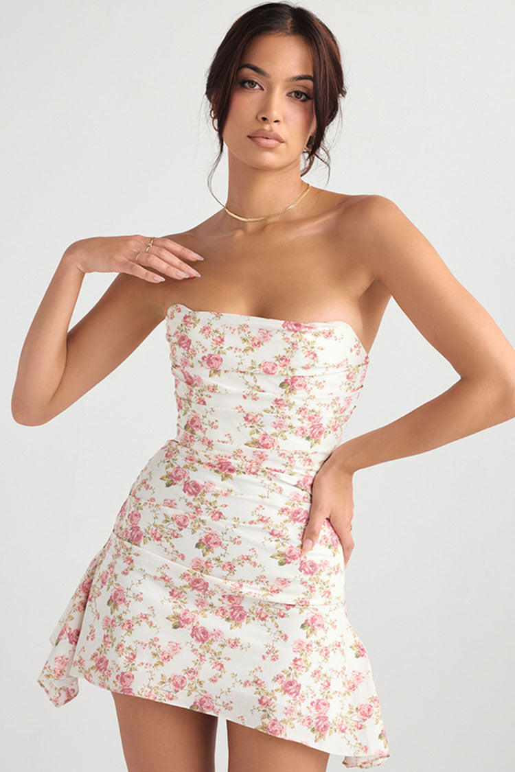 Floral Strapless Floral Ruched Satin Flared Bodycon Mini Dress