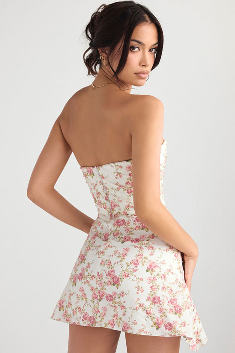 Floral Strapless Floral Ruched Satin Flared Bodycon Mini Dress