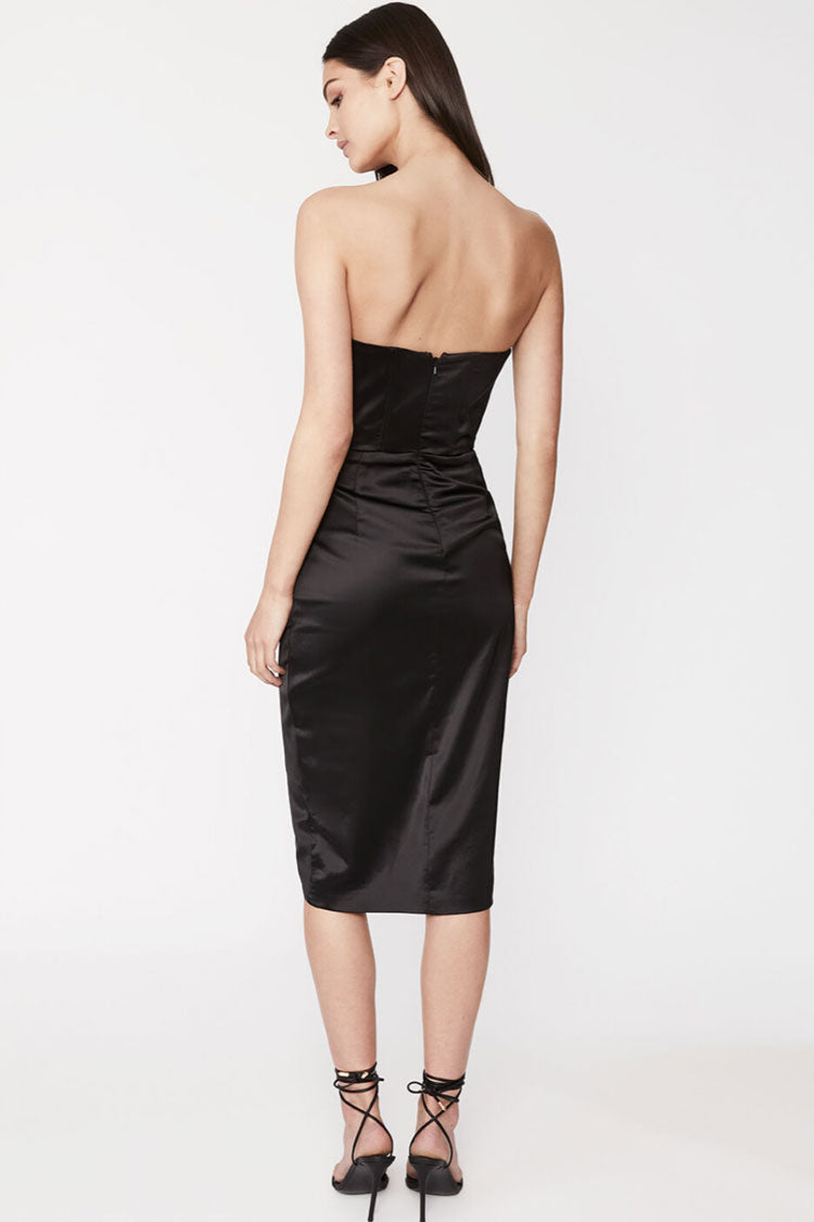 Black Strapless Satin Ruched Corset Draped High Slit Bodycon Midi Dress