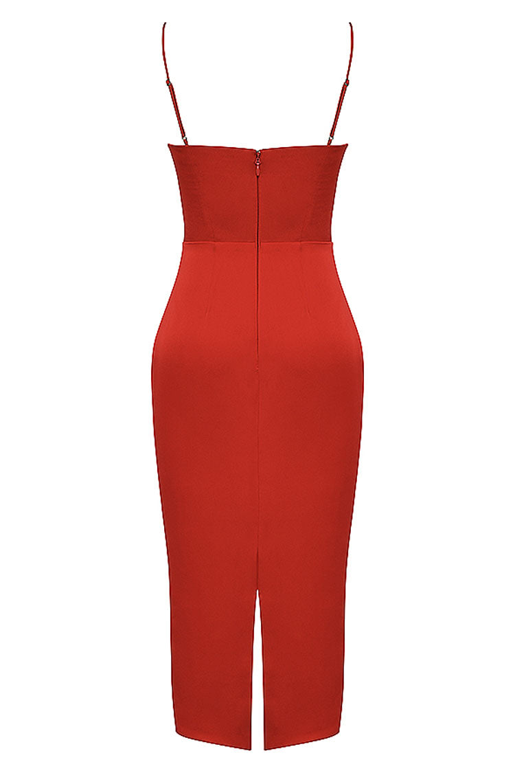 Red Square Neck Spaghetti Strap Satin Corset Bodycon Midi Dress