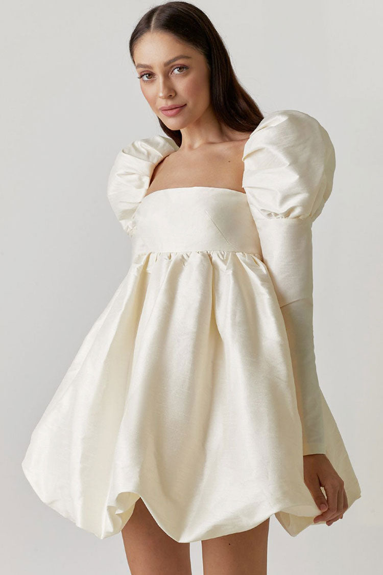 Beige Square Neck Puff Sleeve Satin Babydoll Bubble Mini Dress