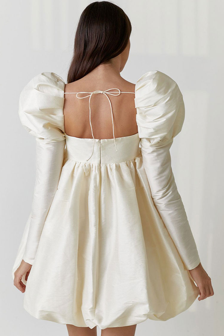 Beige Square Neck Puff Sleeve Satin Babydoll Bubble Mini Dress