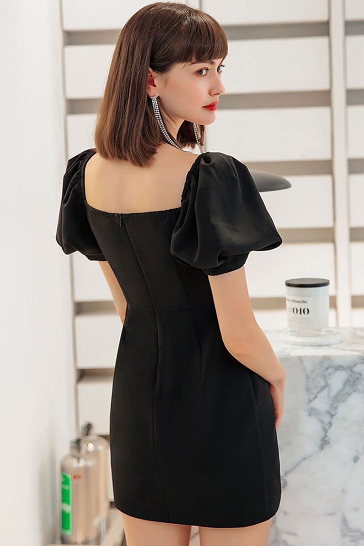 Black Square Neck Puff Sleeve Pleated Wrap Satin Bodycon Mini Dress
