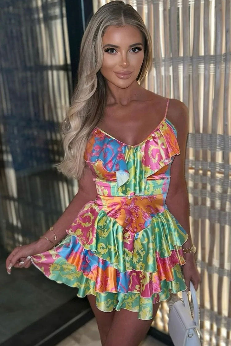 Floral V-Neck Satin Baroque Print Ruffle Tiered Mini Sundress